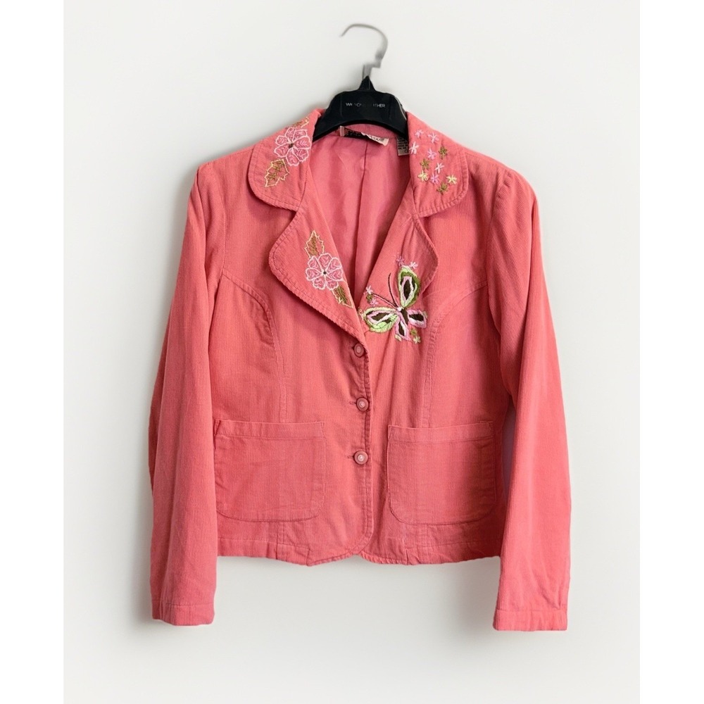 Life Style Women's Size S Embroidered Blazer Corduroy Jacket Long Sleeve Orange‎